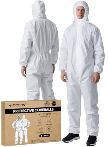 TICONN Hazmat Suit Disposable Coveralls, Full Body Protective Lab Coveralls, Breathable Paint Suit for Men Women (L, 1PK)