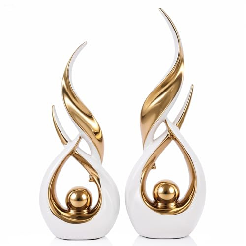 2 PCS White Gold Ceramic Statues For Home Decor Accents, Modern Abstract Art Sculptures, Elegant Tabletop Decorative Objects For Dining Room, Entryway, Tv Stand, Mantel, Coffee Table Centerpieces
