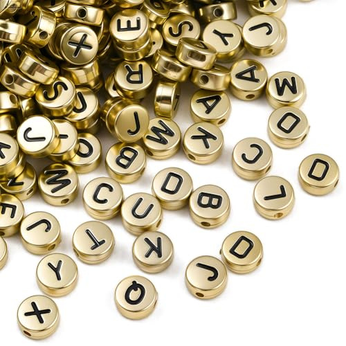 PONABEADIY 7MM Gold Letter Beads with Hole Acrylic Flat Round A-Z Letters Pony Spacer Disc Alphabet Resin Assorted Loose Bead Bulk for Jewellery Making Threading Bracelet Necklace Diy Crafts Supply