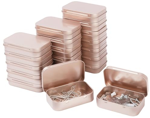 LJY Rose Gold Hinged Metal Tins, 20 Pack, 3.7 x 2.4 x 0.9 in | The attached lid keeps the base and top together during sorting and workstation access