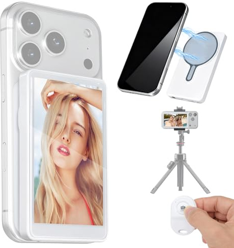 Vlog - Pantalla de monitor para selfie para iPhone y Android, batería 4H 1080P/4K, cámara trasera magnética, pantalla de monitor para selfie, inalámbrica, sin retraso, mini pantalla para Vlog Selfie