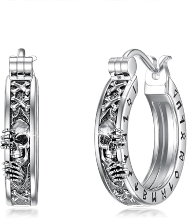 ABIGY Totenkopf Creolen 925 Sterling Silber Halloween Schmuck Totenkopf Ohrringe Runen Ohrringe im Gothic-Stil Wikinger Geschenk für Männer Söhne Ehemänner Freunde