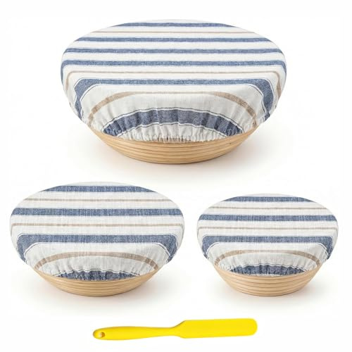 Bread Proofing Bowl Covers 3 Pcs + Silicone Spatula, Elastic Linen Cotton Blend, Reusable Sourdough Baking Cover for Bread Rising, Fit 8-12 Bowls, Washable Dough Fermentation Liner for Home Baking