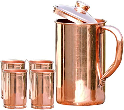 SKAVIJ reiner Kupferkrug mit deckel und 4 becher set fester wasserkrug (1,6 liter)