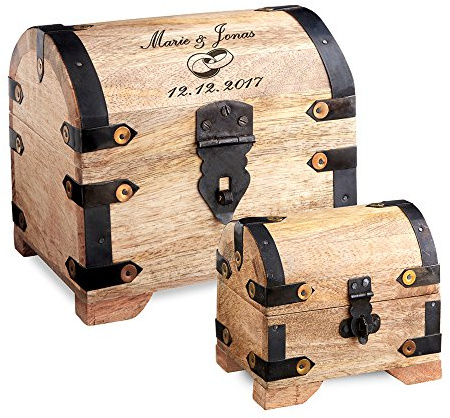 Casa Vivente Geschenkset zur Hochzeit, kleine und große Schatztruhe, Motiv Ringe, Personalisiert mit Namen und Datum, Verpackung für Geldgeschenke