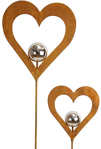 SIDCO Gartenstecker Herz 2 x Gartenstab Rost Silberkugel Metallstecker Garten Deko