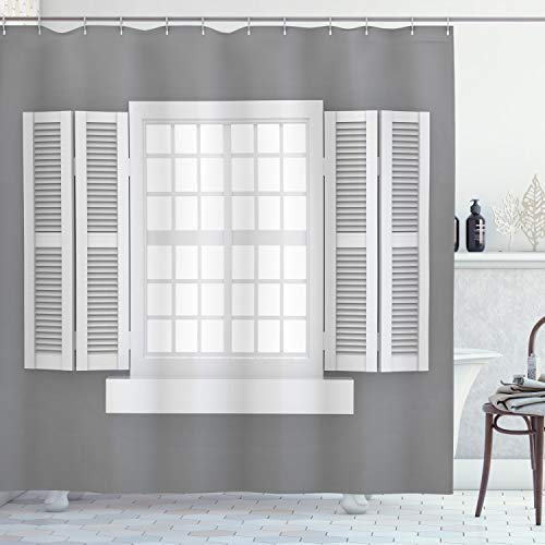 ABAKUHAUS Antiquität Duschvorhang, Holzfenster Shutter, Stoffliches Gewebe Badezimmerdekorationsset mit Haken, 175 x 240 cm, Grau weiß