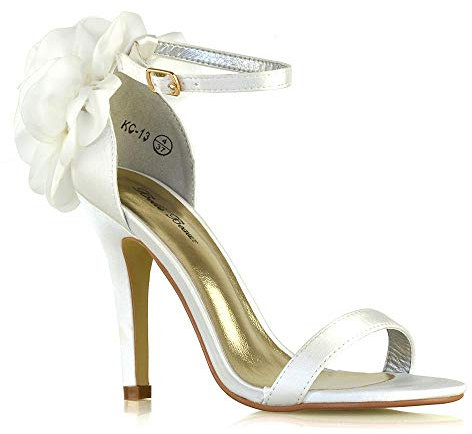 Womens Bridal Shoes Stiletto Heel Ladies Satin Flower Bridesmaid Strappy Ankle Strap Sandals Size 3-8