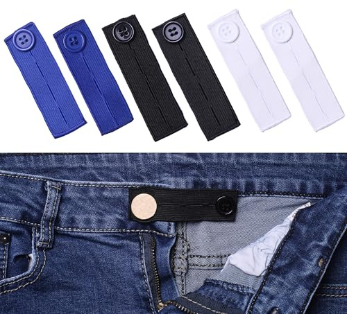 Elastic Button Extenders for Men and Women, Waist Extenders Adjustable for Pants, Trousers, Dress and Jeans, 6-Pack (3 Colors)