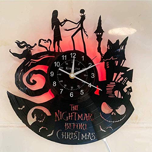 Horloge murale à quartz sur le thème de Noël de Monsieur Jack et Sally Skellington - Motif disque vinyle - Fait à la main - Cadeau d'anniversaire - Décoration d'intérieur créative rétro - Horloge