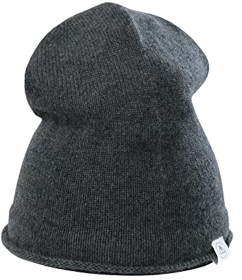100% Kaschmir Beanie Mütze | Strickmütze für Damen und Jugendliche (Grau/Anthracite)