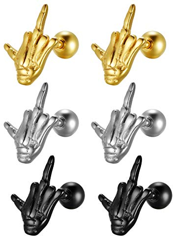 JewelryWe 3 Paare Herren Ohrstecker, Mittelfinger Skelett Ohrringe Ohrpiercing Hand Gotik Punk Schmuck Silber Gold Schwarz Geschenk für Halloween