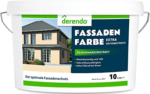 derendo Fassadenfarbe terracotta 10l mit EXTRA hohem Wetterschutz, matte silikonharzverstärkte Fassaden Farbe, hohe Deckkraft und gute Füllkraft bei kleinen Rissen (Biscuit)