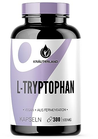 Kräuterland L-Tryptophan Kapseln - 300 Kapseln hochdosiert mit 500mg L Tryptophan Pulver, vegan, pflanzlich fermentiert - in Premium Qualität