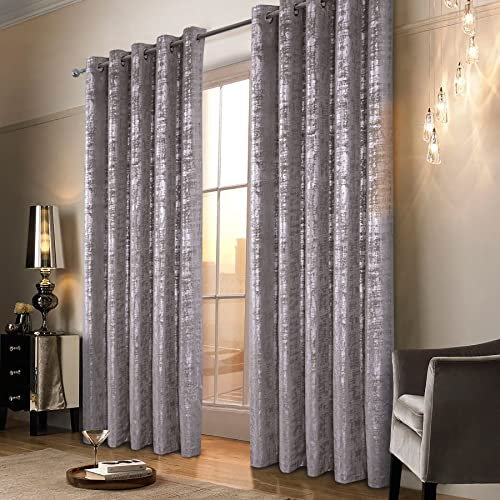 always4u Gardinen mit Muster Silber Blickdicht 100%, Samt Vorhang Wohnzimmer, Vorhang Verdunkelung Kurz mit ösen, Stoff Glänzend Eleganter, Champange, 2er Set, 245x140cm