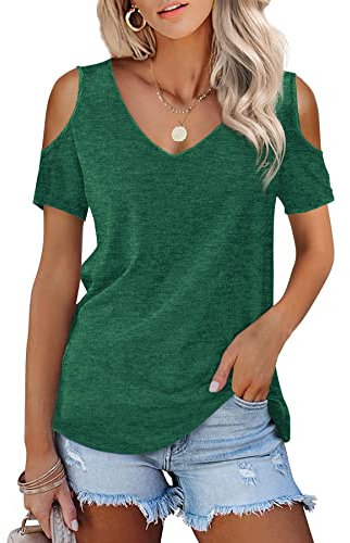Beluring Off The Shoulder Tunic Tops for Women Short Sleeve V Neck Blouses Tee Green Size 8 10