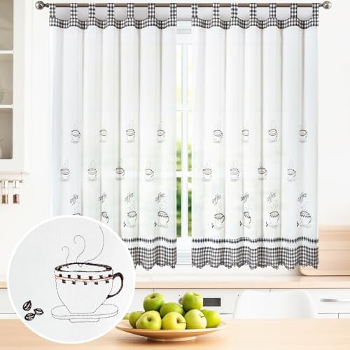BOD HOME, 2 Piezas, Cortinas Blancas Translúcidas con Trabillas. Cortinas para Cocina, Diseños de Frutas y Tazas con Acabado de Color. Cortina Media Altura Hecha de Poliéster, 100x150cm (AnchoxAlto)