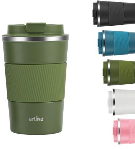 Artlive Coffee Cup Reusable, Insulated & Double Wall Travel Mug - Travel Cup Thermal Stainless Steel Eco-Friendly with Screw Lid - Hot & Cold Coffee Mug (GreenGrip, 380 ml)
