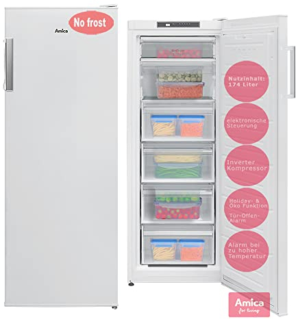 Amica GSN 324 160 W NoFrost Gefrierschrank 174L, 4 Schubladen, 3 Ablagefächer, 2 Türablagen, Inverter Motor, Tür-Offen-Alarm, 54cm breit, 145 cm hoch, Weiß