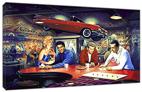 Kunstdruck auf gerahmter Leinwand, Motiv: Marilyn Monroe Elvis Presley James Dean Humphrey Bogart Evening at Ricks Diner, 76 x 50 cm, 18 mm Tiefe