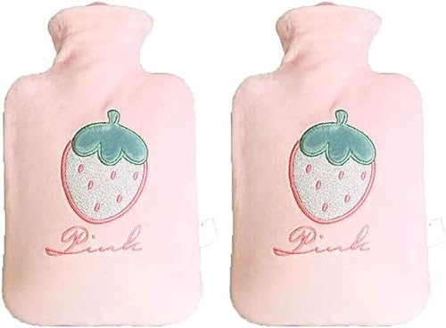 Wärmflasche, Winter-Gummi-Wärmflasche, klassische Wärmtasche mit rosa, süßem Fleece-Überzug for Handwärmer, warm halten, beheizbares Kissen (2 Stück, 1 Liter), Handwärmer (Color : Pink, Size : 6 * 10i