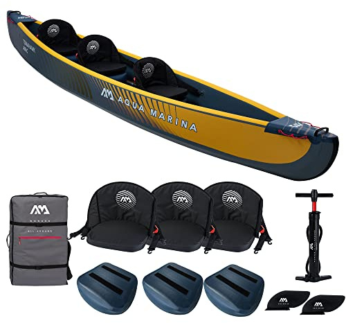 Aqua Marina Tomahawk AIR-C Hochdruck Drop-Stitch Premium Aufblasbares Kajak Kanu für 2-3 Personen 478cm Länge Marine/Gelb