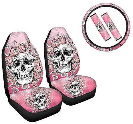 Binienty Universal-Autositzbezüge mit Totenkopf-Blumendruck, Lenkradbezug und Sicherheitsgurt-Schulterpolster für Fahrzeuginnenraum, Rosa, 5 Stück