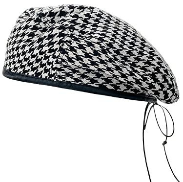 tcax Baskenmütze Damen Schwarz-Weiß Karierte Baskenmütze Damen Baskenmütze Mützen Damen Hahnentritt Baskenmütze Mädchen Beanie Hut Mit Verstellbarem Seil, Schwarz, 55-58 cm