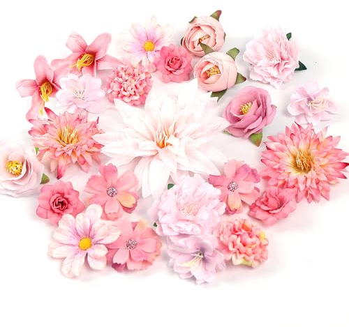 LARDUX 24 Stücke Kunstblumen Köpfe,künstliche blumenköpfe klein Blüten Künstlich blütenköpfe groß Seidenblumen Köpfe Mix für DIY Basteln Scrapbooking Hochzeit Party Home Handwerk Deko-Rosa
