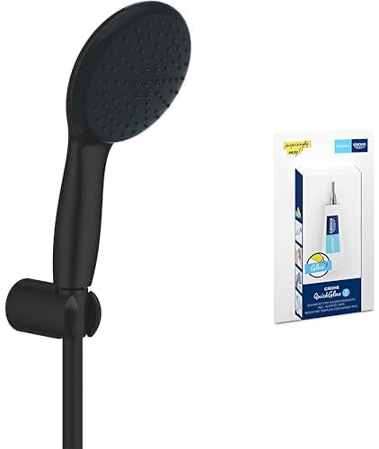 GROHE Vitalio Start 110 QuickFix & QuickGlue S - Set doccia (doccia rotonda 11 cm, 2 getti, flessibile doccia 1,75 m, supporto a parete, risparmio idrico, facile da montare), nero opaco, 279502431