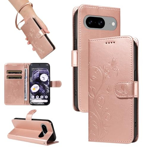 SRISHP Hülle für Google Pixel 8 Hülle, Premium PU Leder Handyhülle mit Band, Magnet Flip Case für Google Pixel 8, Rosé Gold