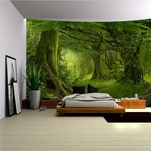 Arsey Wandteppich Wald Wandtuch Baum Wand Teppich Tapisserie Nebel Wandbehang Gras Natur Landschaft Wandteppiche Wandtuch Boho Deko Schlafzimmer, Grün, Groß 230x180cm
