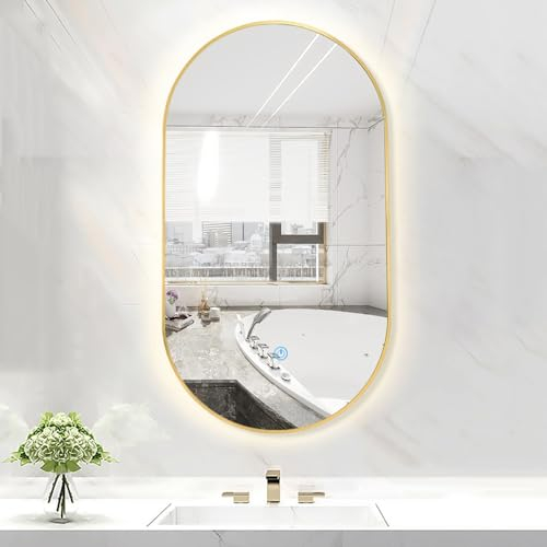 Ovaler Badezimmerspiegel Mit LED-Leuchten, Wandspiegel, Aluminiumrahmen, Schwarz, Gold, Weiß, LED Smart Makeup Beleuchteter Spiegel, Dimmbares 3 Farben Licht, Für Schlafzimmer, Badezimmer, Wohnzimmer