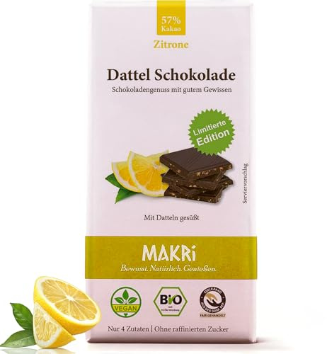 MAKRi Dattel Schokolade | Vegan & Bio, Laktosefrei und Glutenfrei, Ohne Zusatzstoffe | Dattelschokolade Ohne Raffinierten Zucker, Schokolade mit Datteln Gesüßt (1 Tafel, Zitrone 57%)
