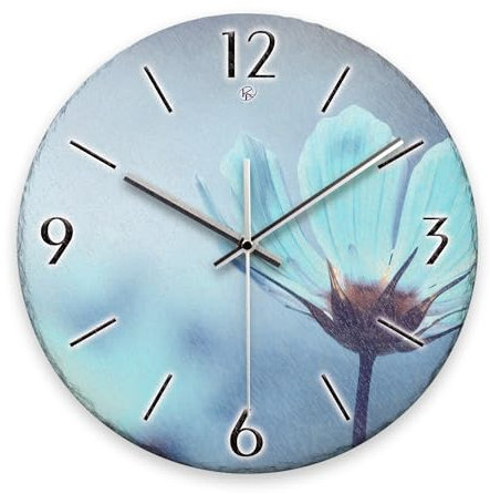 Kreative Feder Wanduhr „Blaue Blüten“ aus Stein (Keramik) in Schiefer-Optik; Durchmesser 30cm; mit leisem Uhrwerk (Blaue Blüten, leises Funkuhrwerk)