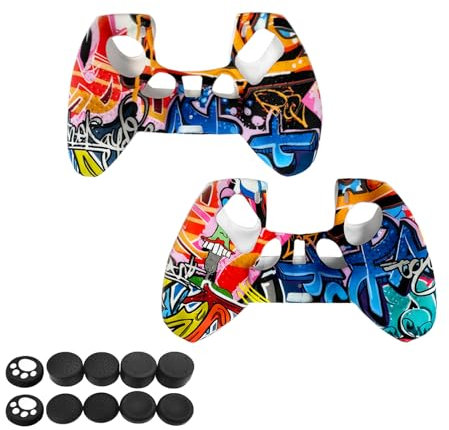 TWOLIIN Anti-Rutsche Hülle 2 Stück für ps5 Controller Case Ergonomisches Schutzhülle Griffe Skin aus Weichem Gummi mit 10 Stück Aufsätze für ps5 Controller, Graffiti A & Graffiti B