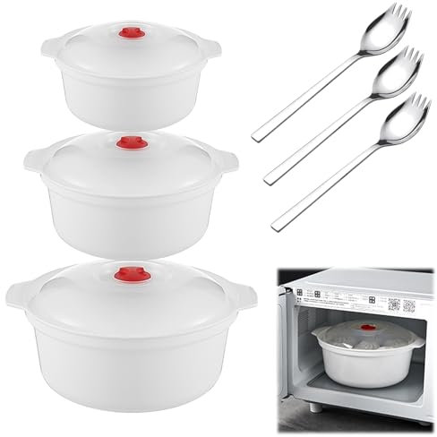 HEKOBAG Juego de 3 Recipientes para Microondas, 2,4 L, 1,6L, 0,9 L, Recipiente para Calentar, Congelar, con Tapa, Ventilación y Cucharas, Sin BPA, Recipiente Hermético para Microondas Blanco (Redondo)