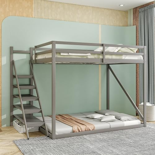 Kinderbett Hochbett 140x200 mit Sicherheitstreppe, Treppe mit Stauraum, Etagenbett Massivholz Bettgestell mit Rausfallschutz und Lattenrost, Stockbett für 2 Kinder, Jugendliche und Erwachsene, Grau