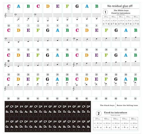 Piano Stickers for 54/61/76/88 Key Keyboards,Transparent & Removable Full Set Stickers for White & Black Keys (Rainbow Color)