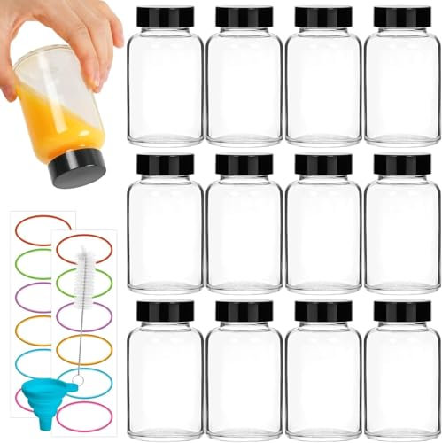 TOEKSIX 120ml/4oz Glass Shot Bottles with Black Caps - 12Pack for Liquids, Juicing, Ginger, Wellness Shot, Sample - Reusable Clear Glass Bottles with Screw Caps