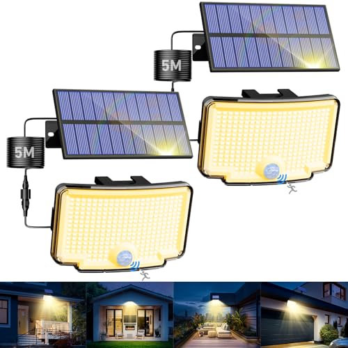 nipify Lumiere Exterieur Detecteur de Mouvement 318 LED, 3 Mode Lampe Solaire Extérieur, Étanche Eclairage Exterieur avec Câble de 5M pour Jardin Murale Outdoor Blanc Chaud [Lot de 2]
