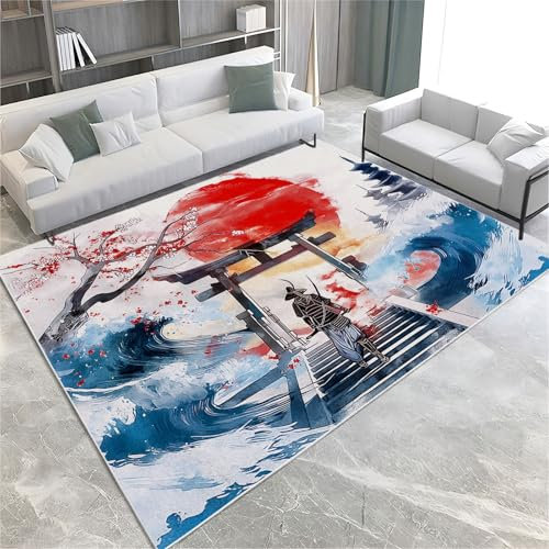 Aquarellmalerei Teppich rutschfest Waschbar 140 x 200 cm Japanischer Torii-Tor-Samurai Teppiche große Moderne Deko Wohnzimmer Schlafzimmer Zimmer Teppich Sofa Tisch Kind Krabbeln Matte