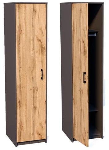 Home Collective Kleiderschrank mit 1 Tür, 1 Kleiderstange und 2 Einlegeböden, Garderobenschrank 45 cm breit Schrank schmal Matte Oberfläche, für Schlafzimmer, Wohnzimmer, Flur | Graphit Eiche