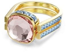 Swarovski Chroma Ring, Vergoldeter und Mehrfarbiger Twist-Damenring mit einem Wendbaren ReCreated Crystal in Grün und Pink im Kissenschliff und Kleineren Blauen Kristallen, Größe: 52