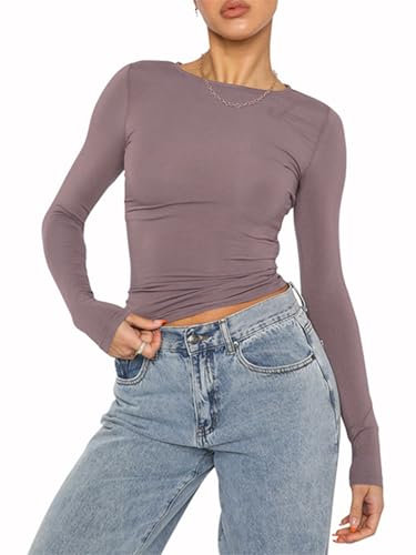 OYIGELZ Women's Long Sleeve Crew Neck T-Shirt Slim Fit Y2K Tops Basic Crop Tops Casual Streetwear, Leather Pink-06, M