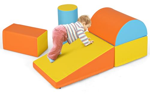 COSTWAY Set di 5 Blocchi con Diverse Forme e Colori, Giocattolo per Arrampicata e Strisciamento, Aiuta i Bambini a Crescere (Giallo e arancione)