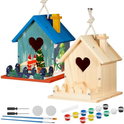 Juexica 2 Pack Bird House Kit Wooden DIY Birdhouse to Paint Build a Bird Bungalow Birdhouse Crafts to Build Family Home Arts and Craft Projects Christmas Birthday Party Gift(Love Shaped)
