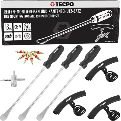 TECPO Reifen-Montiereisen Kantenschutz Set, 3x Montiereisen 370 mm, Kantenschutz, Reifenventil-Werkzeug, 6x Ventileinsätze, Felgenschutz & einfache Reifenmontage für Motorradreifen, robust & langlebig