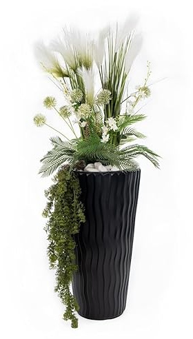 Pampasgras Federgras Zwiebelgras Kunstpflanze im Topf Deko Zier Gras | Fake künstlich Grasbusch | für Büro Rezeption | Gesamthöhe 140cm sehr groß wie echt (Topf schwarz Welle mit Efeu (KT01))
