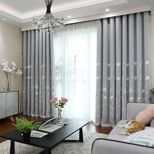 Wycian Fertiggardinen Gardine Grau Verdunkelung 2er Pack Schilf Bestickt H138 x B132 cm (2er Pack) Polyester